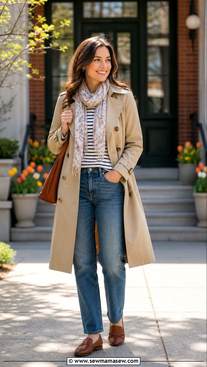 Khaki Trench Coat With Jeans And Loafers Outfit - 40 Spring teacher outfits