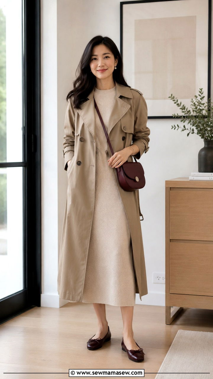 Khaki Trench Coat With Knit Midi Dress And Ballet Flats - 30 Khaki trench coat outfit ideas with a dress