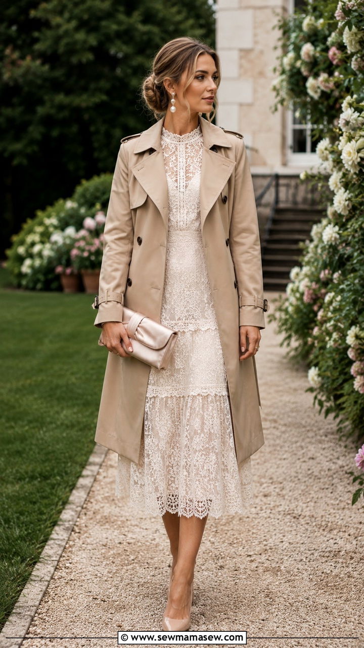 Khaki Trench Coat With Lace Midi Dress - 30 Khaki trench coat outfit ideas with a dress