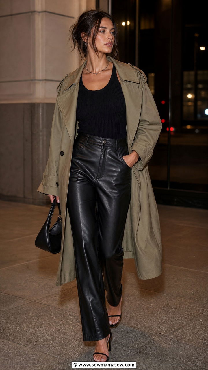 Khaki Trench Coat With Leather Pants And Tank Top - 35 Khaki trench coat outfit ideas for spring