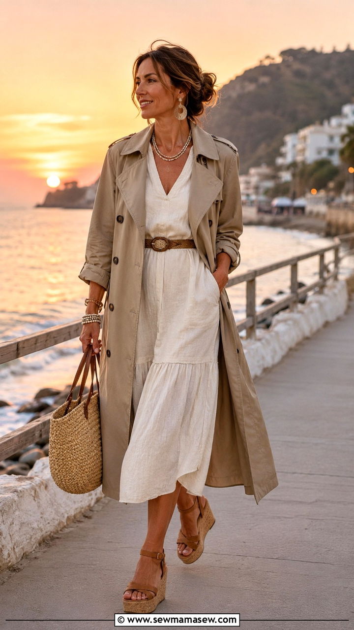 Khaki Trench Coat With Linen Blend Midi Dress And Wedge Sandals - 30 Khaki trench coat outfit ideas with a dress