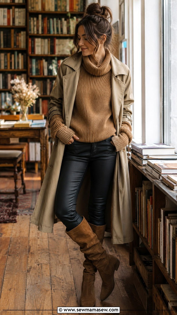 Khaki Trench Coat With Metallic Boots And Monochrome Outfit - 30 Khaki trench coat outfit ideas with boots