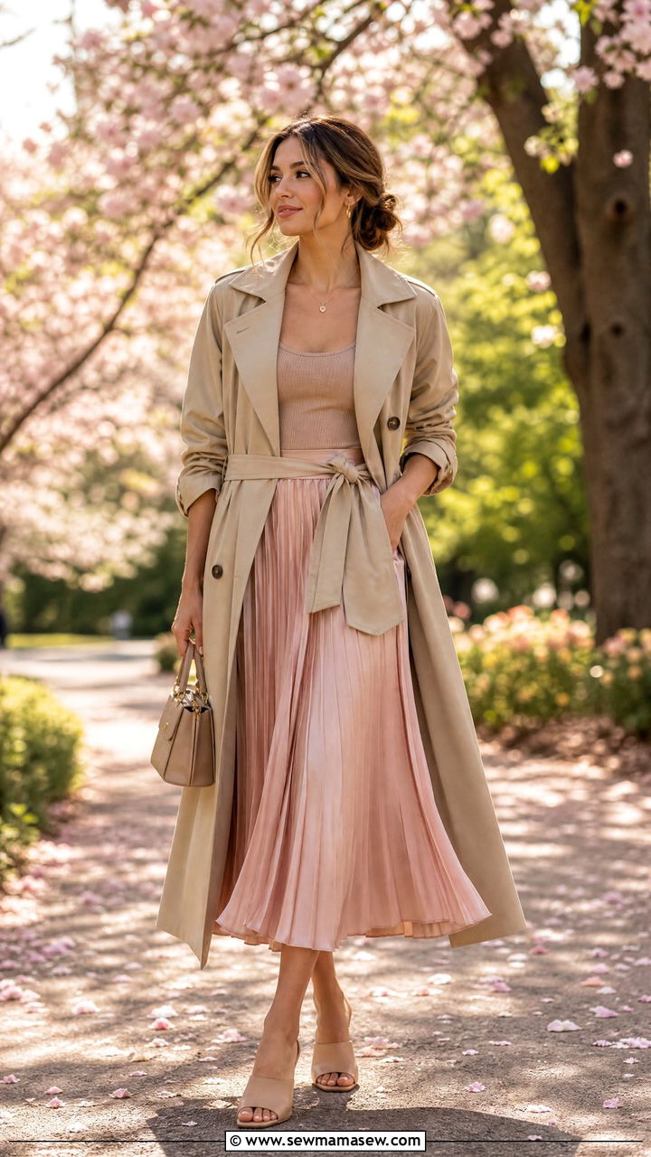 Khaki Trench Coat With Midi Skirt And Mules - 35 Khaki trench coat outfit ideas for spring