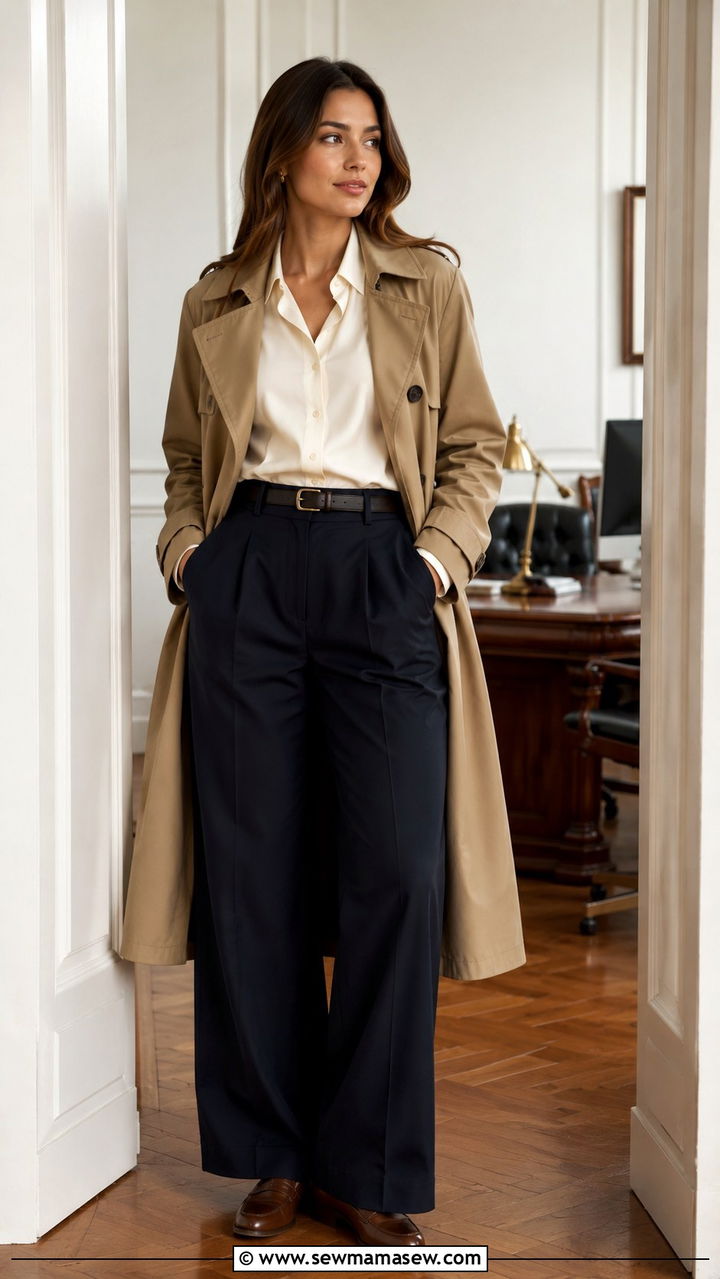 Khaki Trench Coat With Navy Wide Leg Trousers - 30 Khaki trench coat outfit ideas with wide leg pants