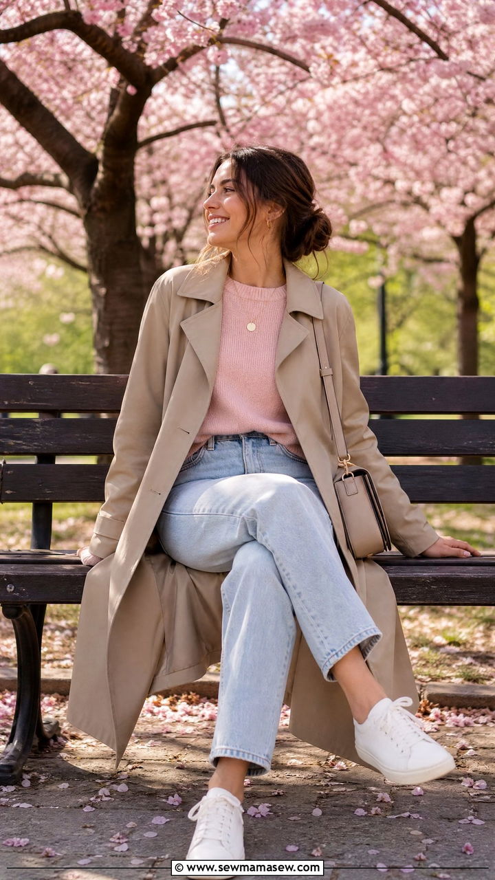 Khaki Trench Coat With Pink Sweater And Light Wash Jeans - 35 Khaki trench coat outfit ideas for spring
