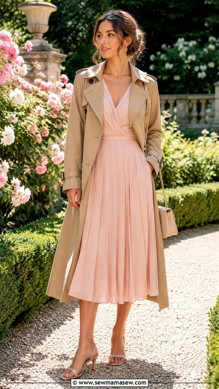 Khaki Trench Coat With Pleated Midi Dress - 30 Khaki trench coat outfit ideas with a dress