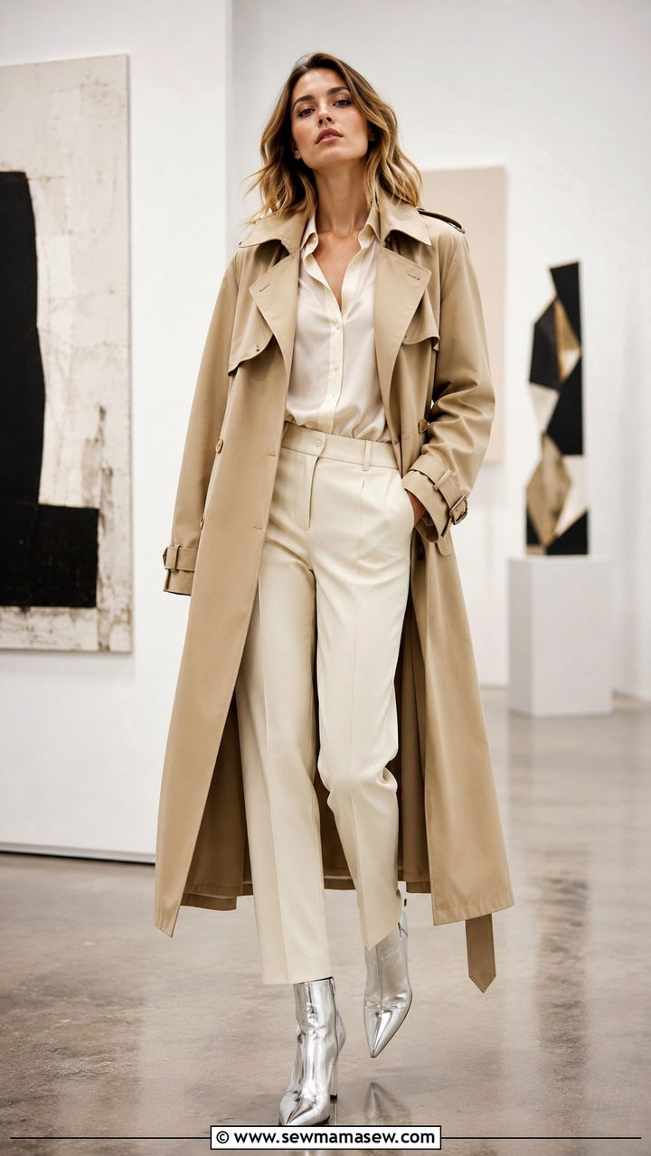 Khaki Trench Coat With Pointed Toe Boots And Wide Leg Trousers - 30 Khaki trench coat outfit ideas with boots
