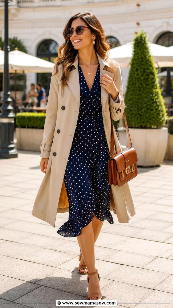 Khaki Trench Coat With Printed Wrap Dress - 30 Khaki trench coat outfit ideas with a dress