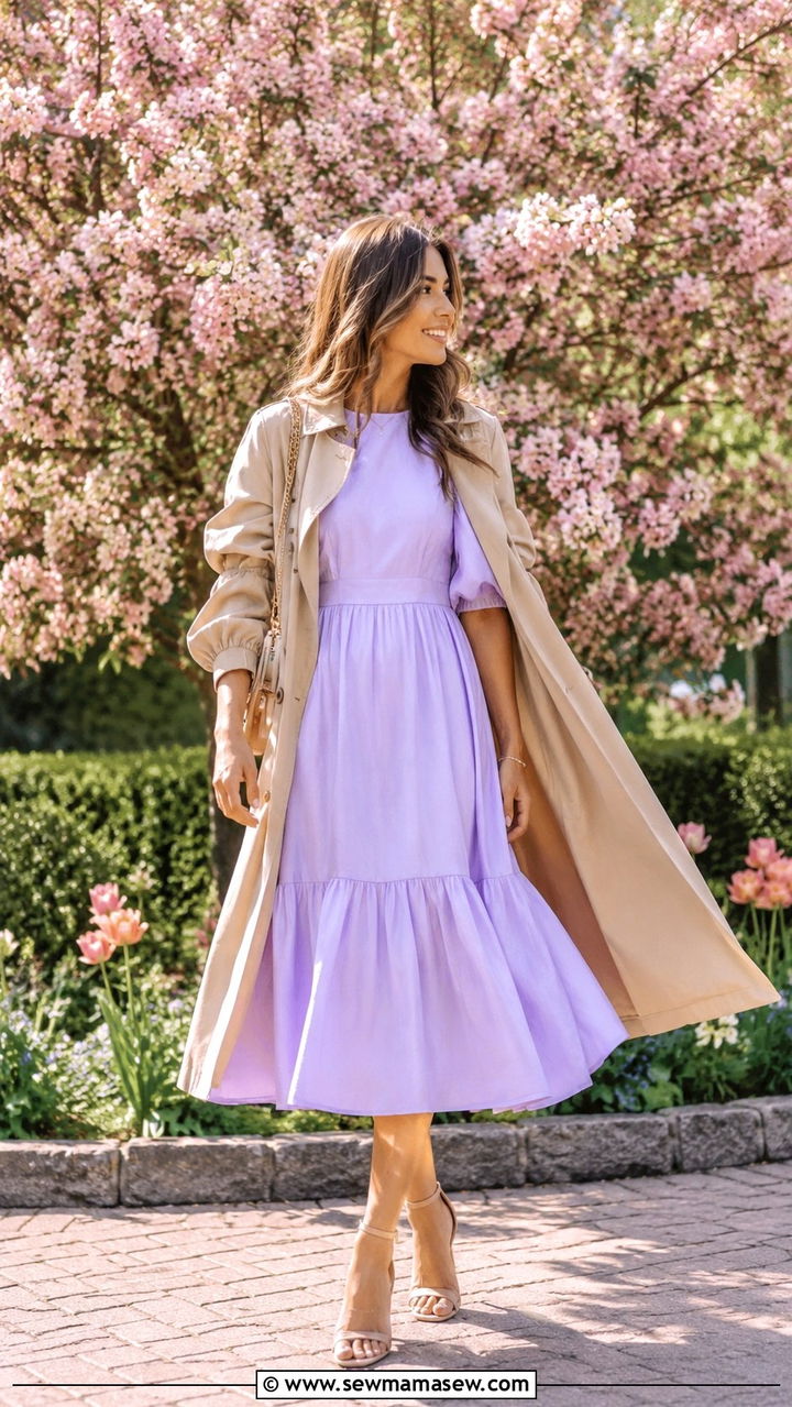 Khaki Trench Coat With Puff Sleeve Midi Dress - 30 Khaki trench coat outfit ideas with a dress