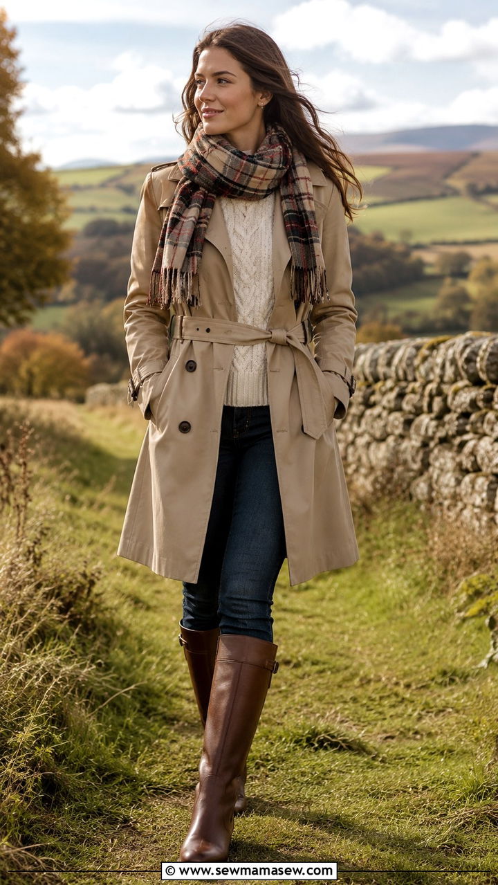 Khaki Trench Coat With Riding Boots And Plaid Scarf - 30 Khaki trench coat outfit ideas with boots