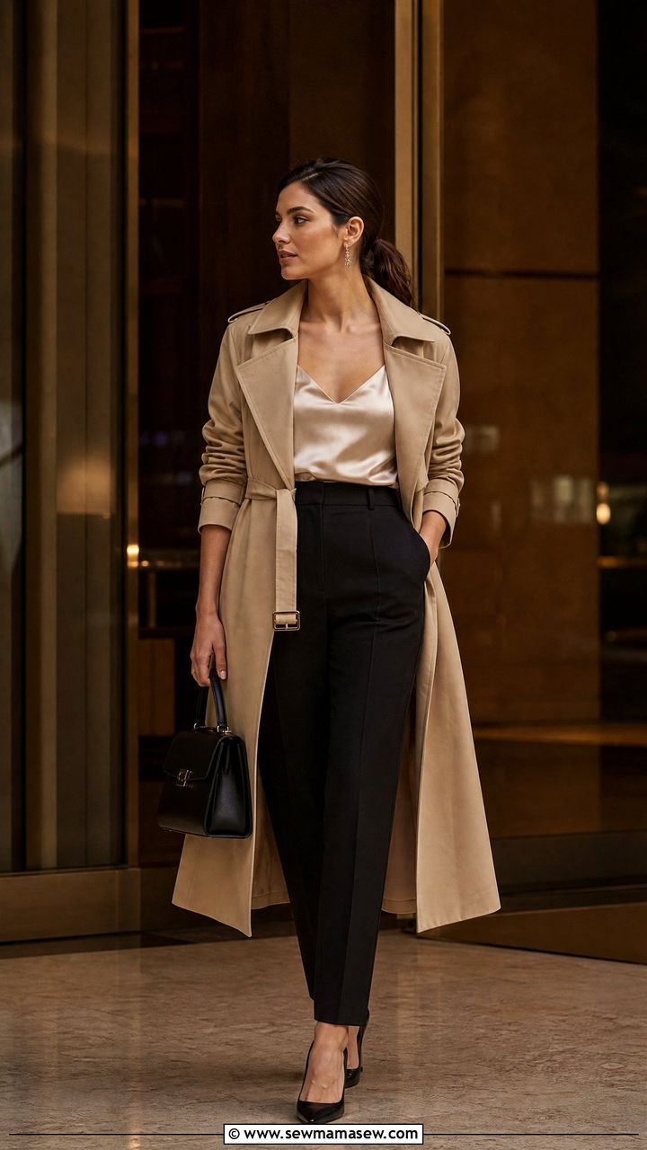 Khaki Trench Coat With Satin Cami And Tailored Trousers - 35 Khaki trench coat outfit ideas for spring