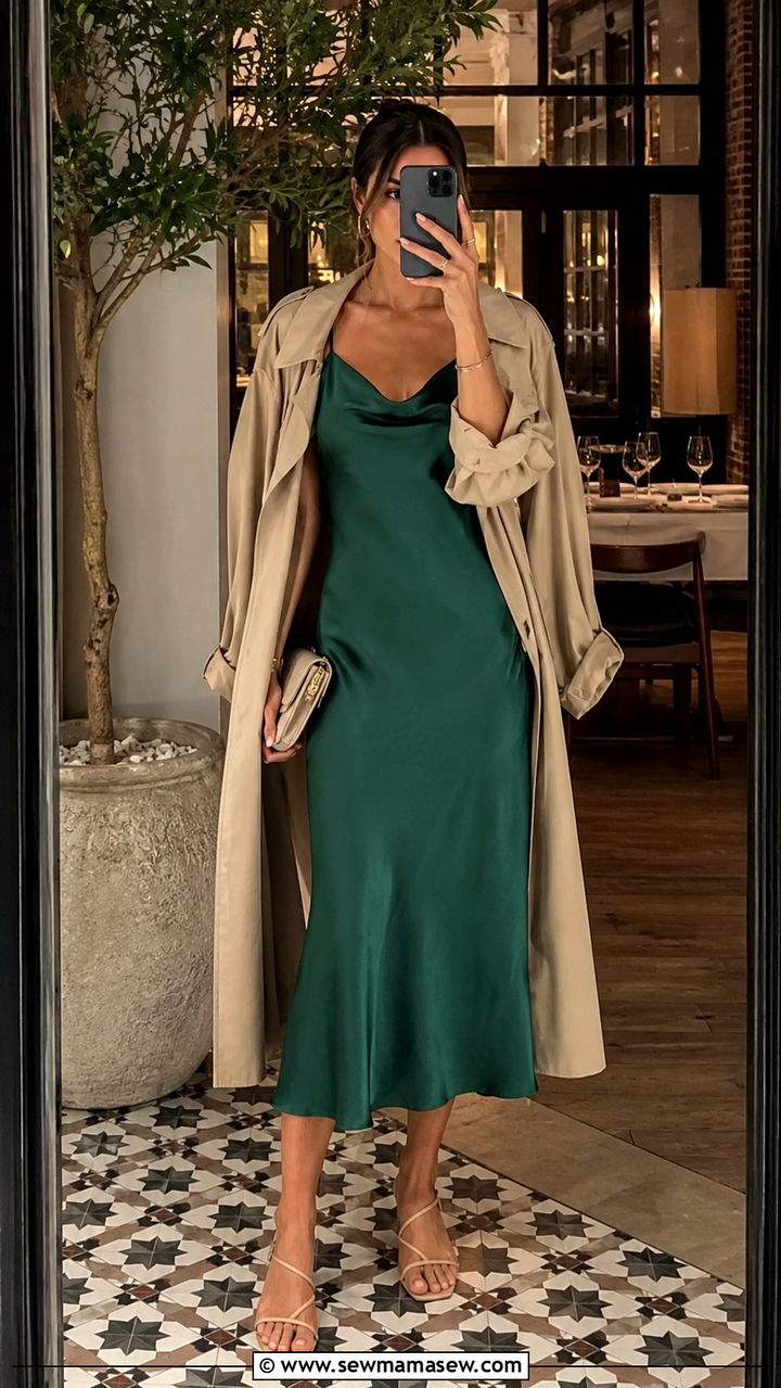 Khaki Trench Coat With Slip Midi Dress And Strappy Sandals - 30 Khaki trench coat outfit ideas with a dress
