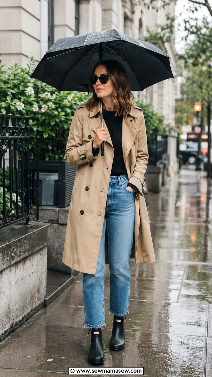 Khaki Trench Coat With Straight Leg Jeans And Rain Boots - 30 Khaki trench coat outfit ideas for rain