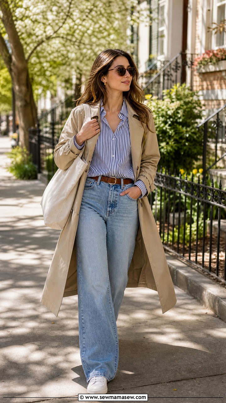 Khaki Trench Coat With Striped Shirt And Wide Leg Jeans - 35 Khaki trench coat outfit ideas for spring