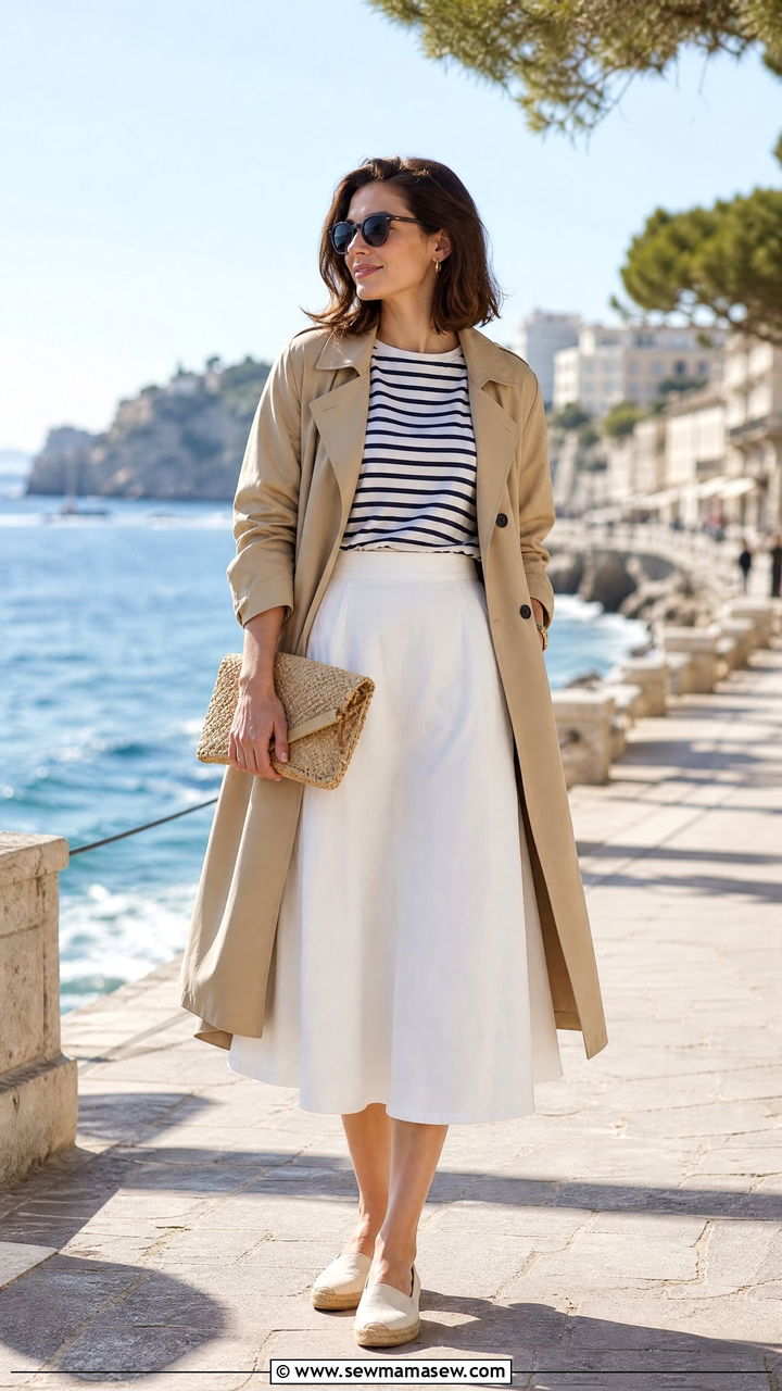Khaki Trench Coat With Striped Tee And White Midi Skirt - 35 Khaki trench coat outfit ideas for spring