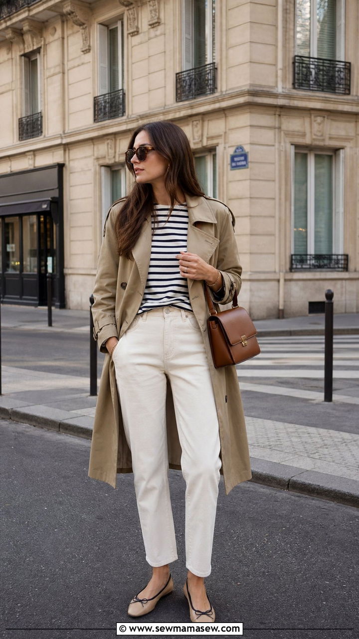 Khaki Trench Coat With Striped Top And Cream Jeans - 25 spring khaki jacket outfit ideas