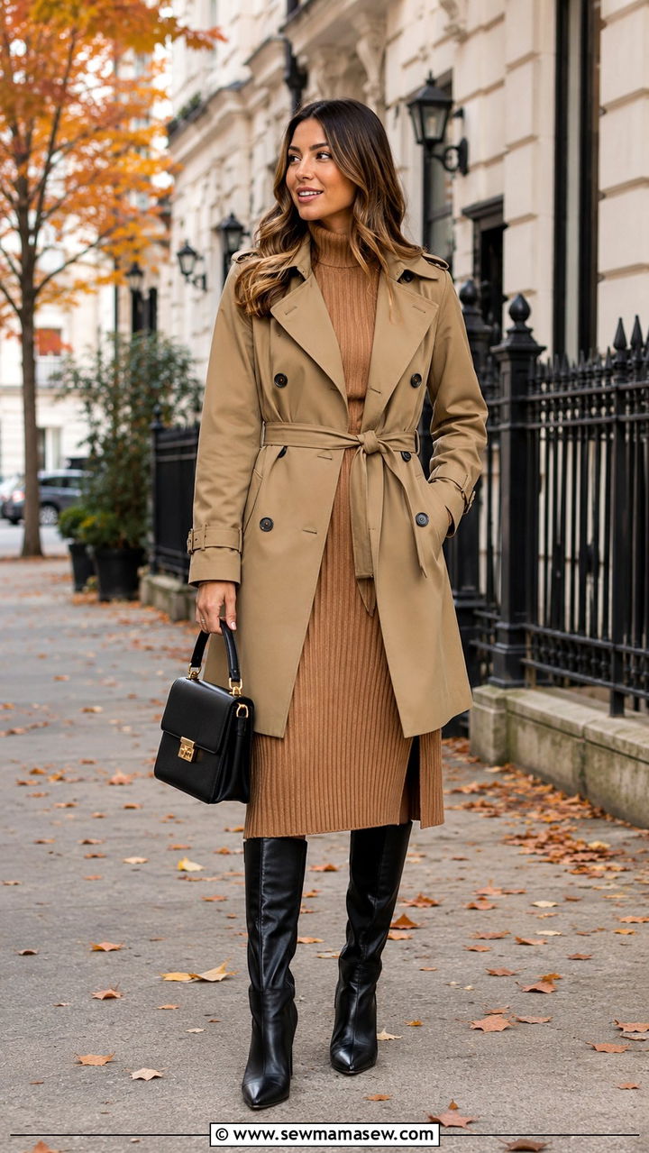 Khaki Trench Coat With Sweater Dress And Knee High Boots - 30 Khaki trench coat outfit ideas with a dress