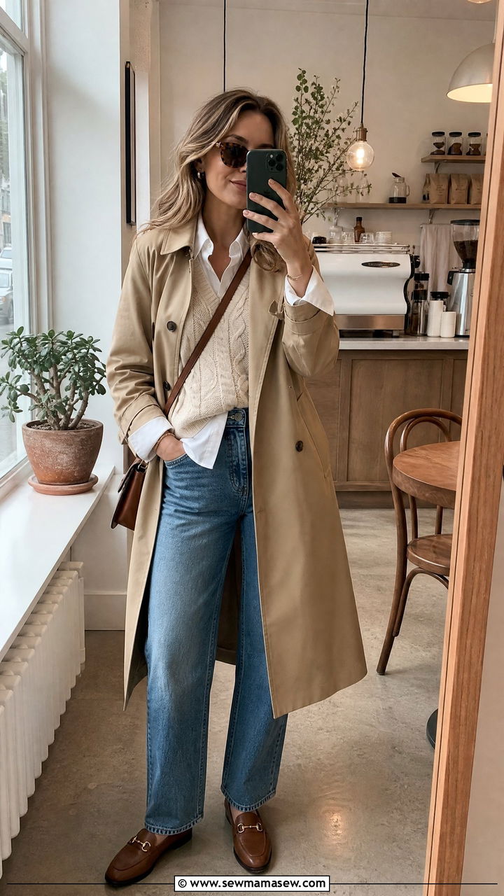Khaki Trench Coat With Sweater Vest And Jeans - 35 Khaki trench coat outfit ideas for spring