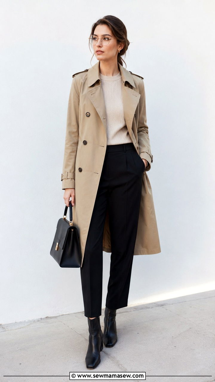 Khaki Trench Coat With Tapered Black Trousers - 20 Quiet luxury outfit ideas Gwyneth Paltrow