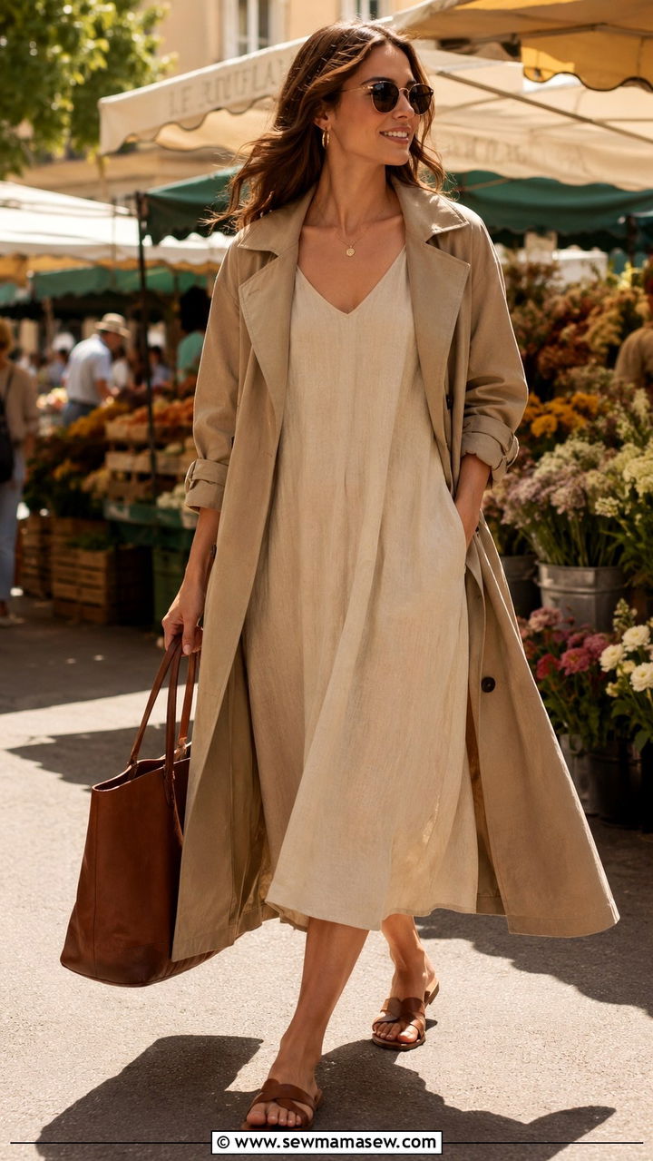 Khaki Trench Coat With Tent Dress And Flat Sandals - 30 Khaki trench coat outfit ideas with a dress