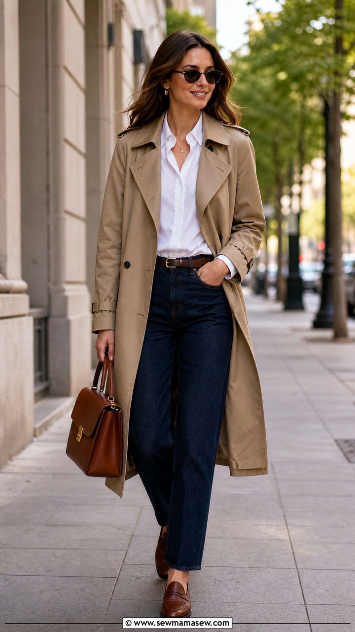 Khaki Trench Coat With White Button Down And Dark Wash Denim - 35 Modern office outfit ideas