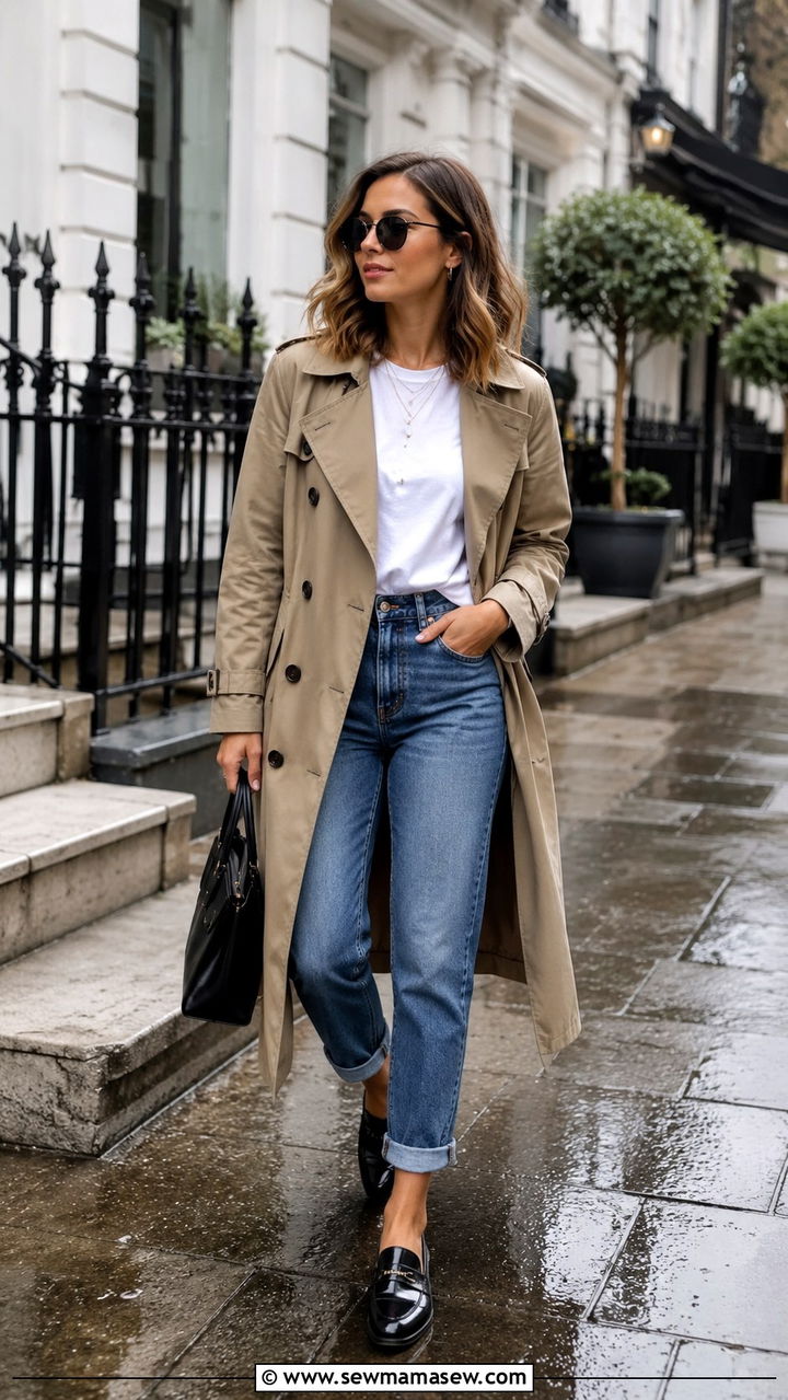 Khaki Trench Coat With White Tee And Blue Jeans - 30 Khaki trench coat outfit ideas for rain