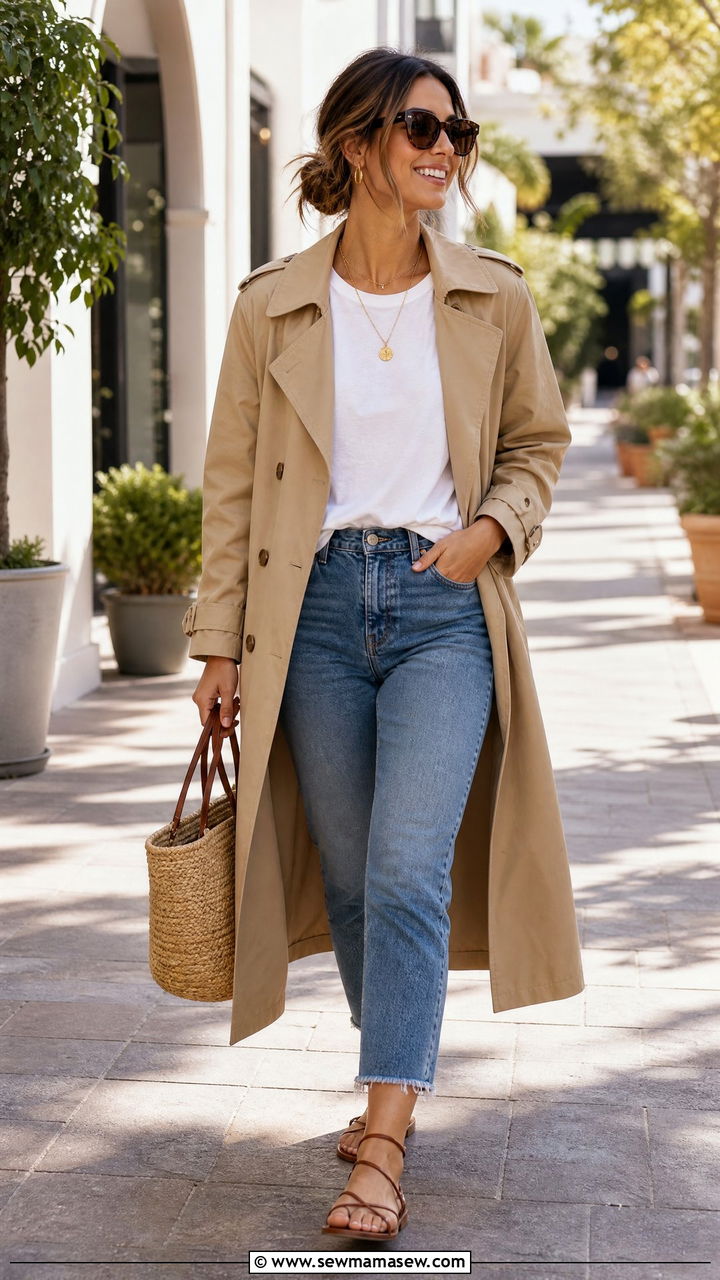 Khaki Trench Coat With White Tee And Cropped Jeans - 35 Khaki trench coat outfit ideas for spring