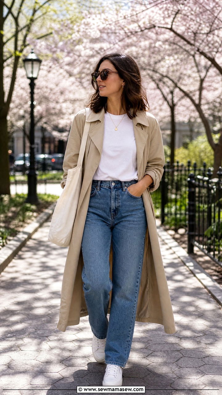 Khaki Trench Coat With White Tee And Jeans - 35 Khaki trench coat outfit ideas for spring