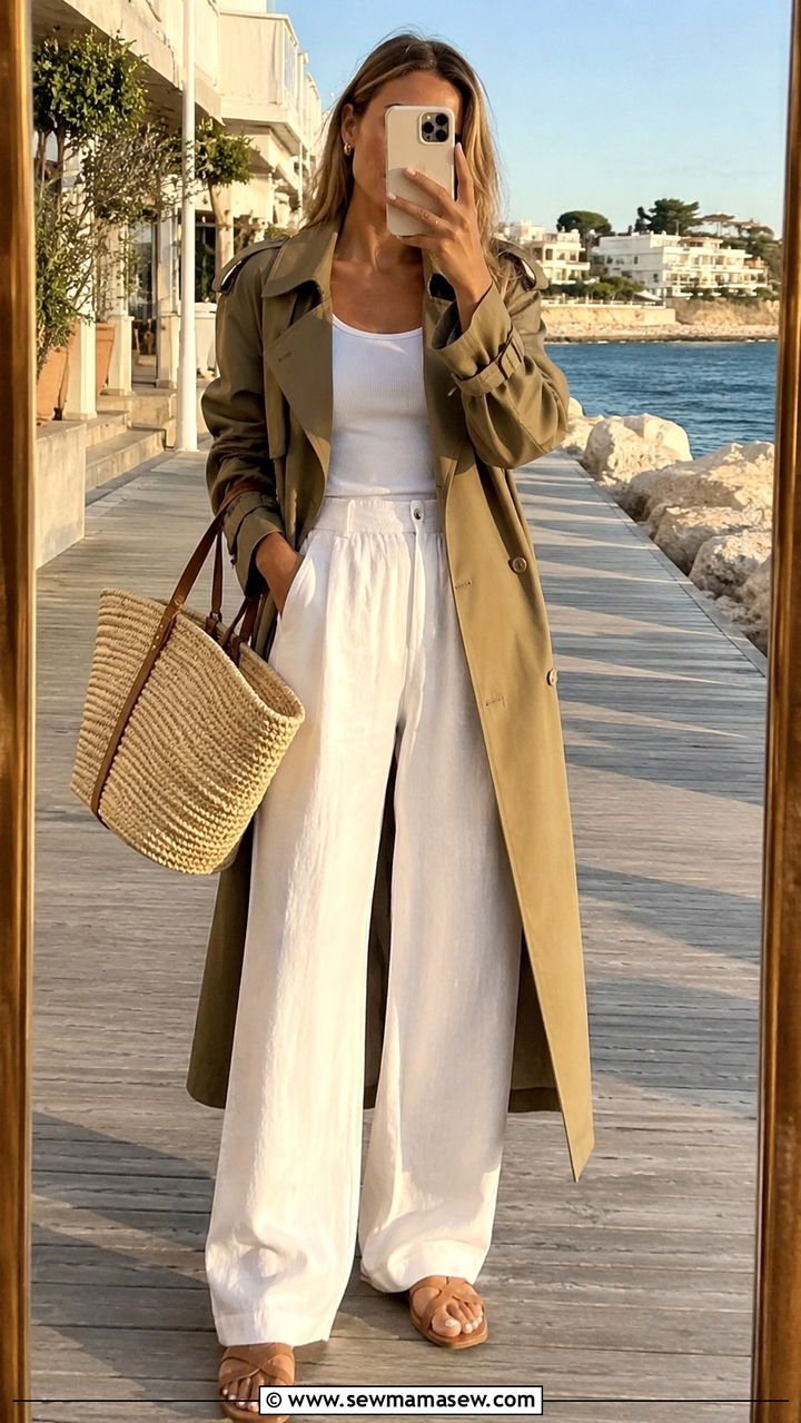 Khaki Trench Coat With White Wide Leg Linen Pants - 30 Long trench coat outfit ideas with wide leg pants