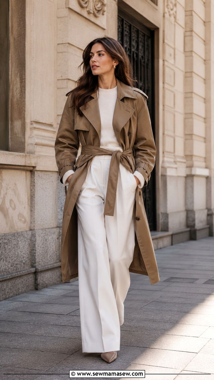 Khaki Trench Coat With White Wide Leg Trousers And Pointed Toe Boots - 30 Khaki trench coat outfit ideas with wide leg pants