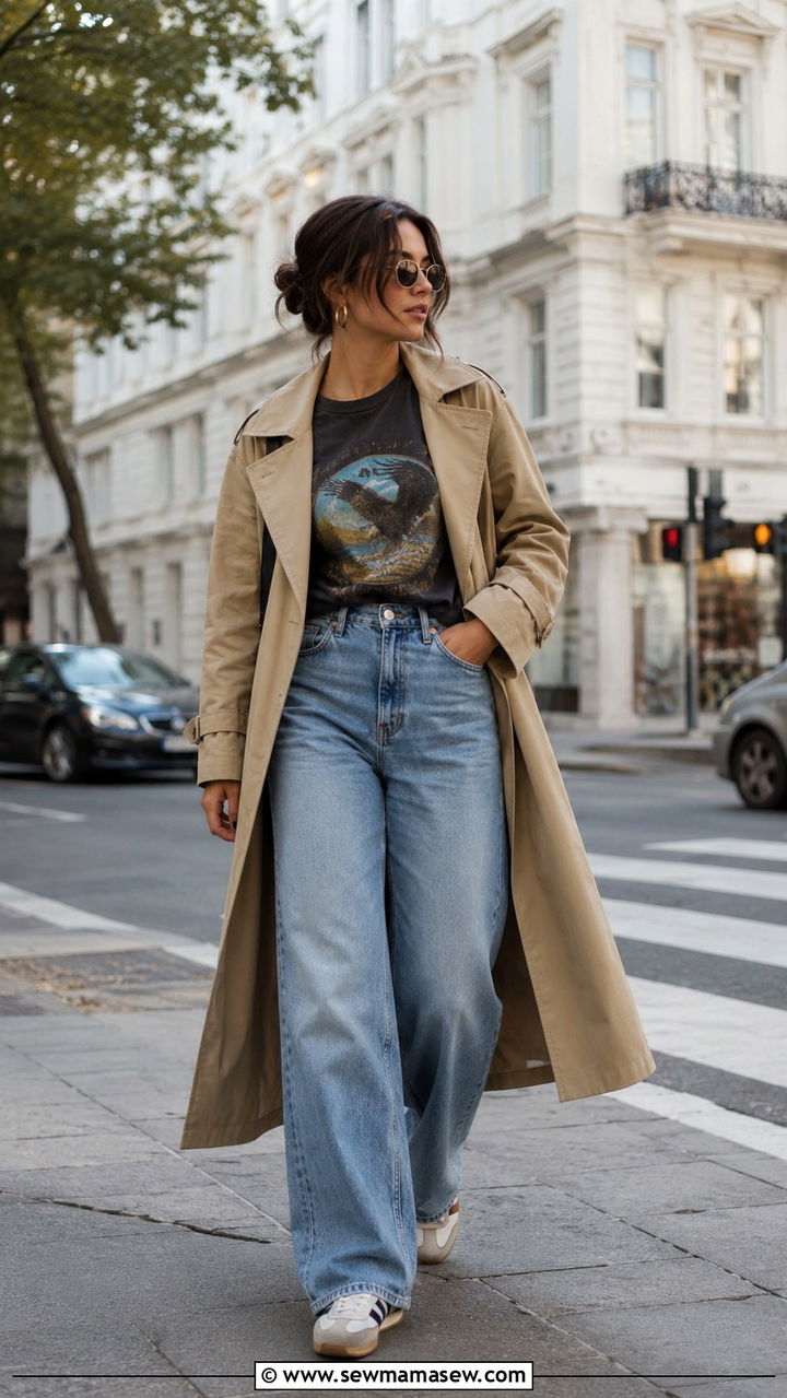Khaki Trench Coat With Wide Leg Jeans And A Graphic Tee - 30 Khaki trench coat outfit ideas with wide leg pants