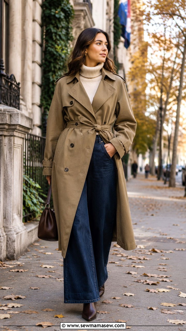 Khaki Trench Coat With Wide Leg Jeans And A Turtleneck - 30 Khaki trench coat outfit ideas with wide leg pants