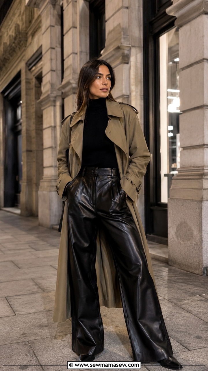 Khaki Trench Coat With Wide Leg Leather Pants - 30 Khaki trench coat outfit ideas with wide leg pants
