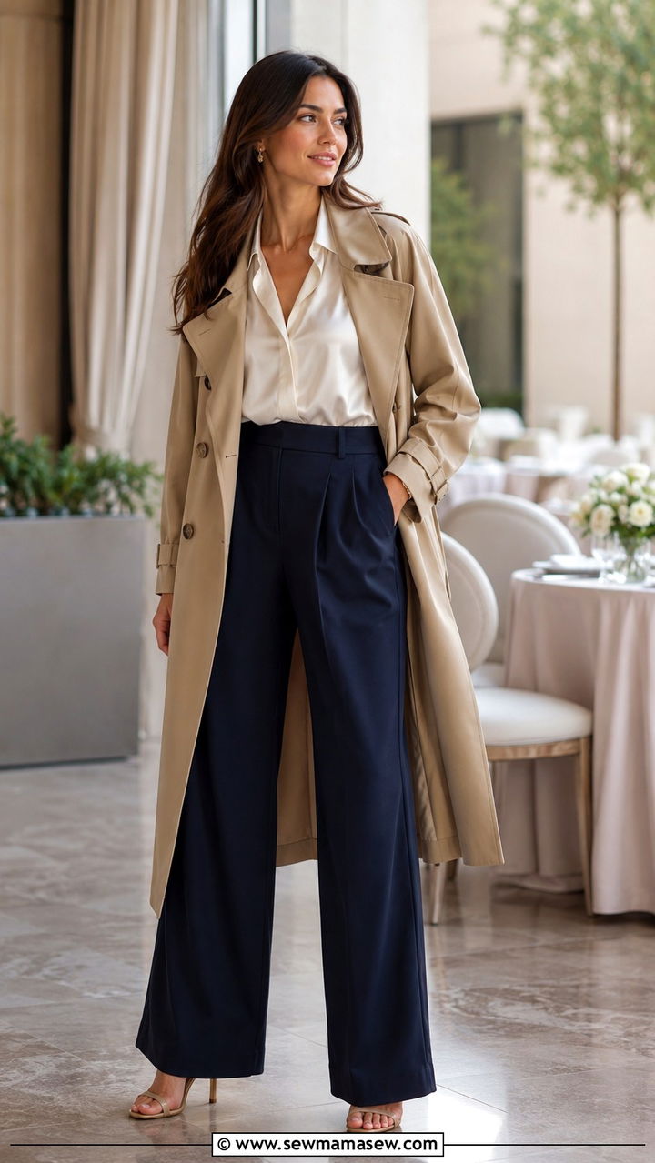 Khaki Trench Coat With Wide Leg Pants And A Silk Blouse - 30 Khaki trench coat outfit ideas with wide leg pants