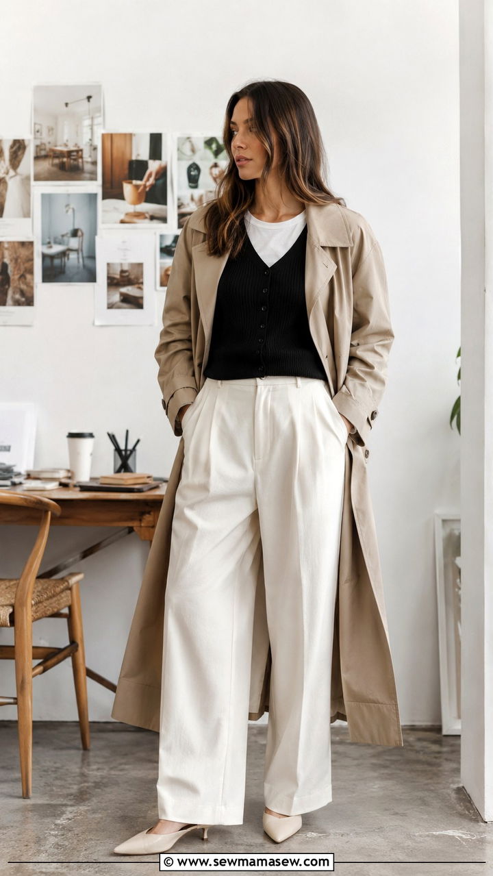 Khaki Trench Coat With Wide Leg Pants And A Vest Top - 30 Khaki trench coat outfit ideas with wide leg pants