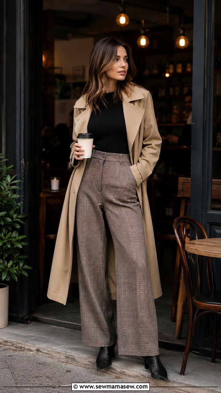 Khaki Trench Coat With Wide Leg Plaid Trousers - 30 Khaki trench coat outfit ideas with wide leg pants