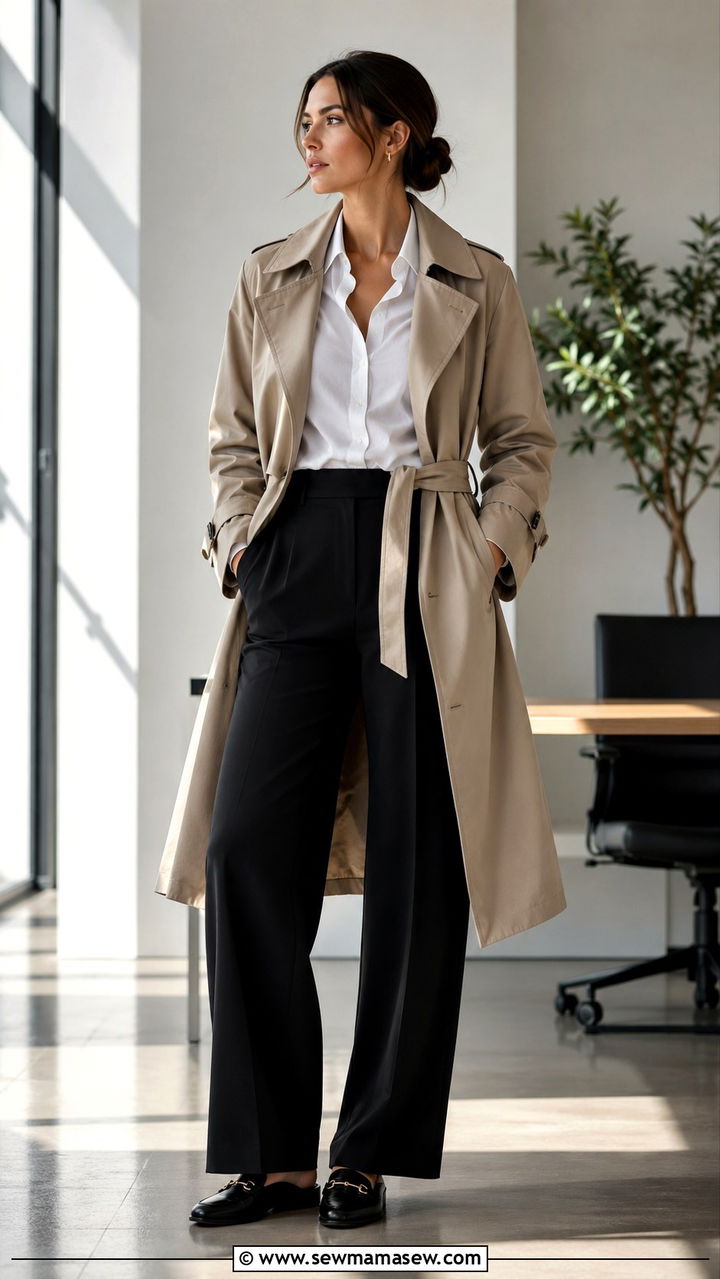 Khaki Trench Coat With Wide Leg Trousers And A Button Down Shirt - 30 Khaki trench coat outfit ideas with wide leg pants