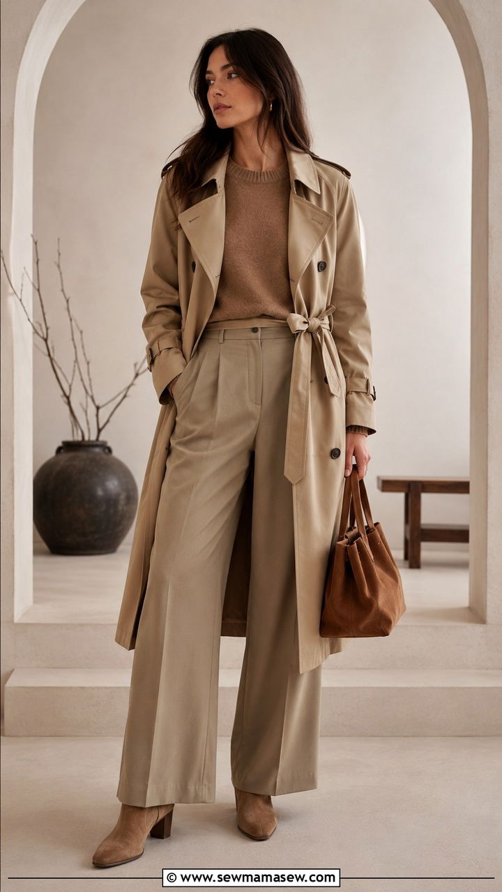 Khaki Trench Coat With Wide Leg Trousers And A Cashmere Sweater - 30 Khaki trench coat outfit ideas with wide leg pants