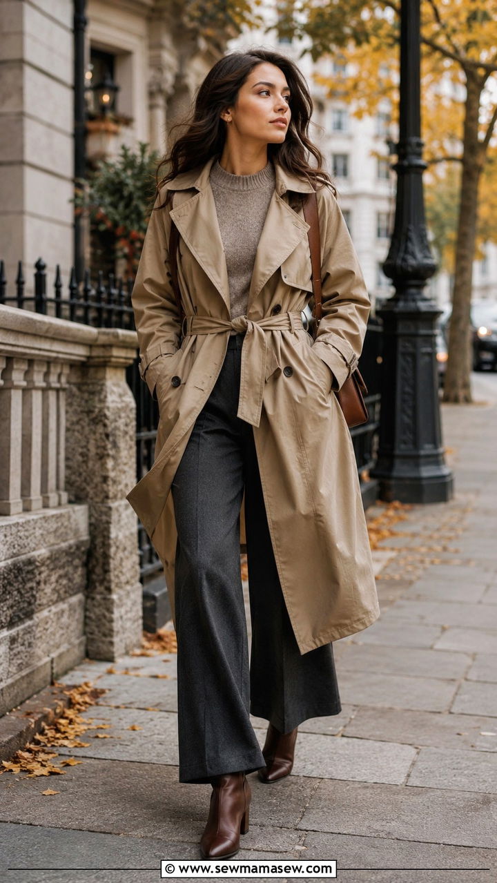 Khaki Trench Coat With Wide Leg Trousers And Ankle Boots - 30 Khaki trench coat outfit ideas with wide leg pants