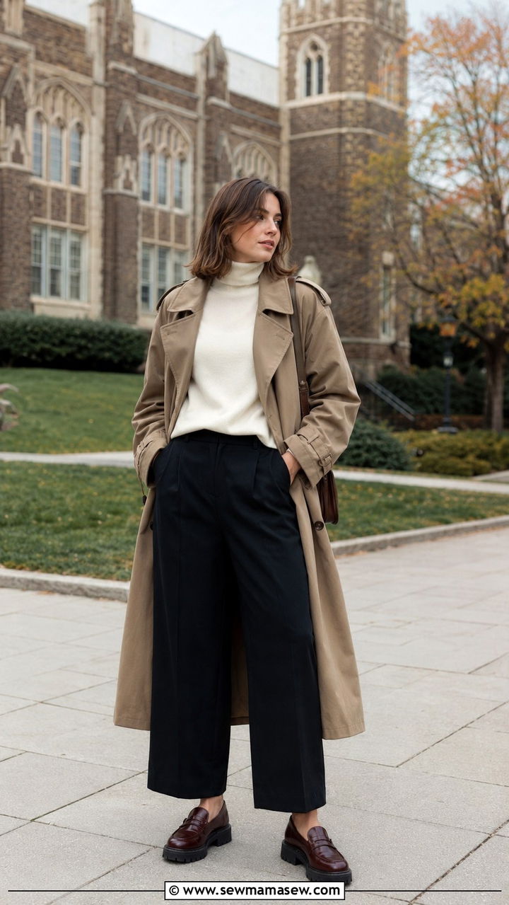 Khaki Trench Coat With Wide Leg Trousers And Chunky Loafers - 30 Khaki trench coat outfit ideas with wide leg pants