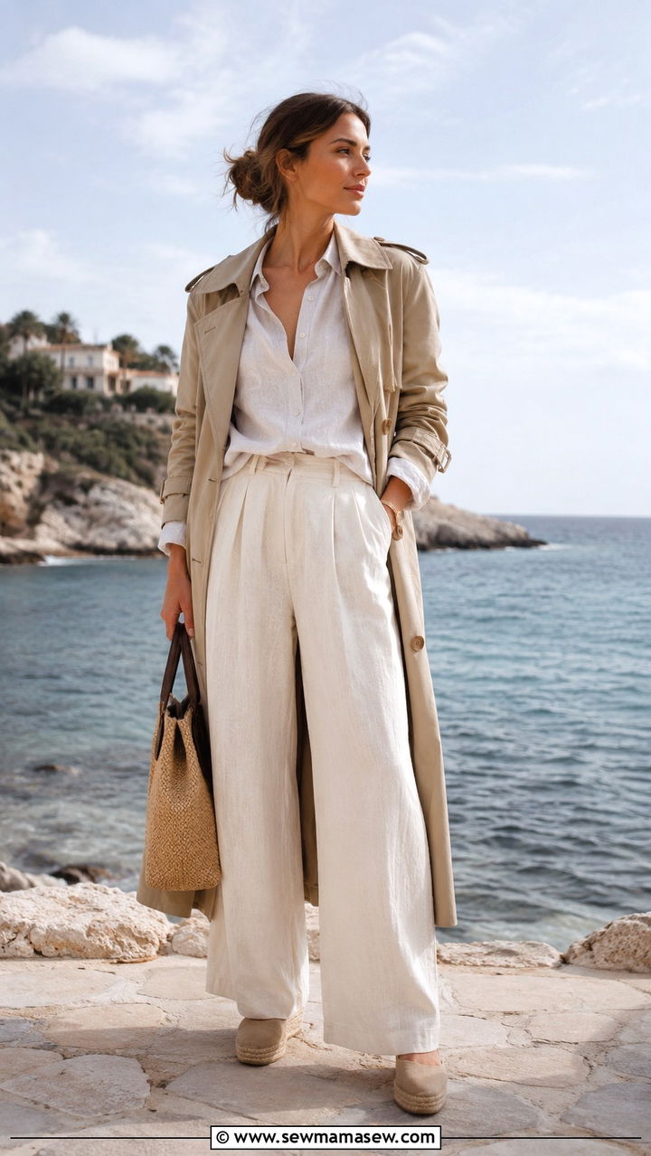 Khaki Trench Coat With Wide Leg Trousers And Espadrilles - 30 Khaki trench coat outfit ideas with wide leg pants