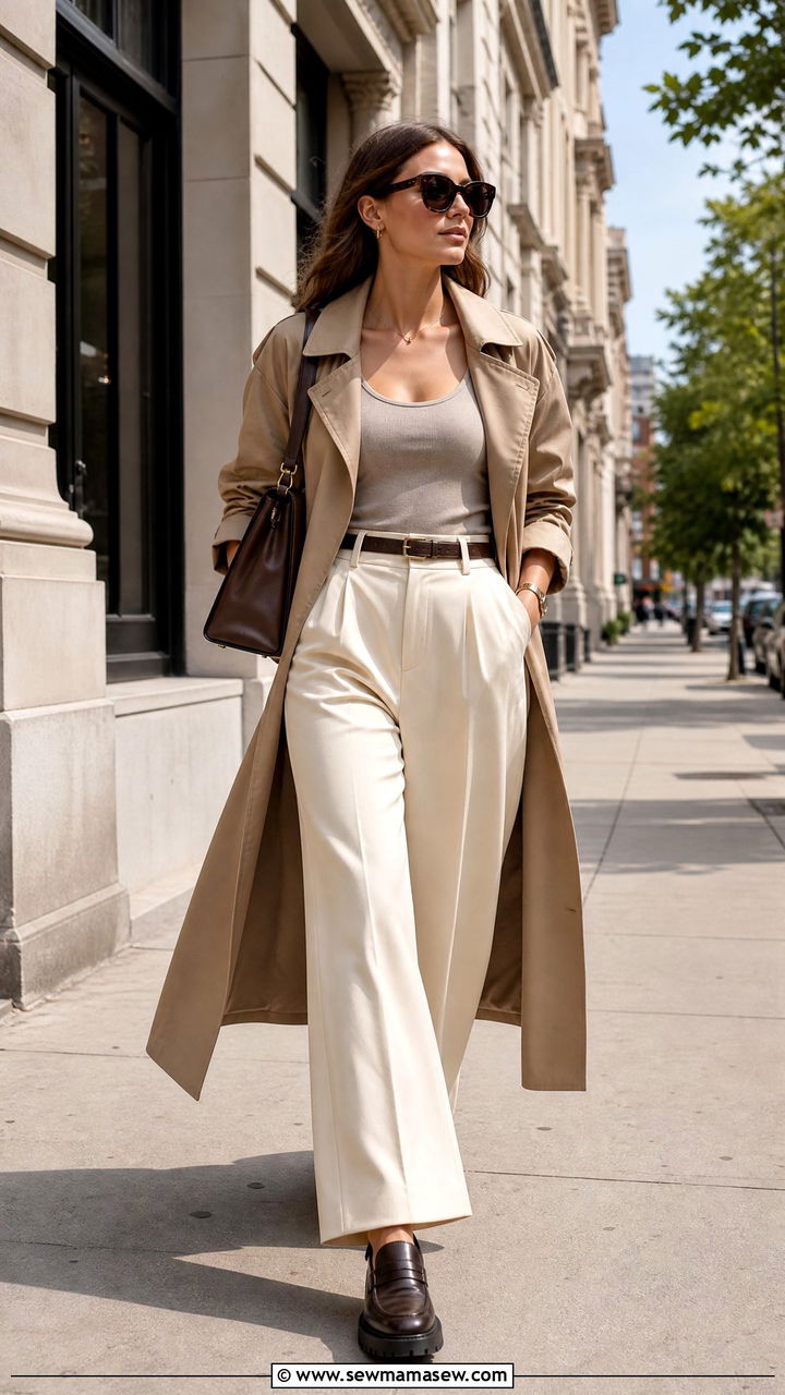 Khaki Trench Coat With Wide Leg Trousers And Loafers - 35 Khaki trench coat outfit ideas for spring