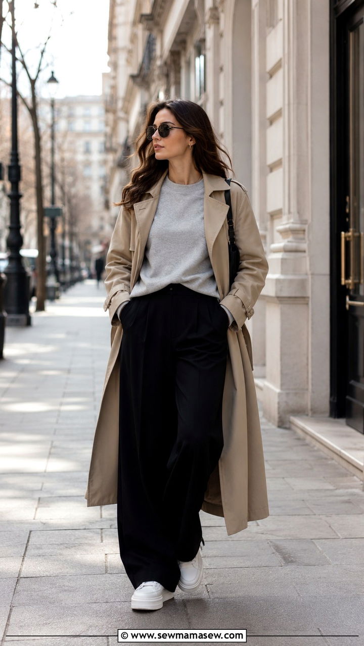 Khaki Trench Coat With Wide Leg Trousers And Platform Sneakers - 30 Khaki trench coat outfit ideas with wide leg pants