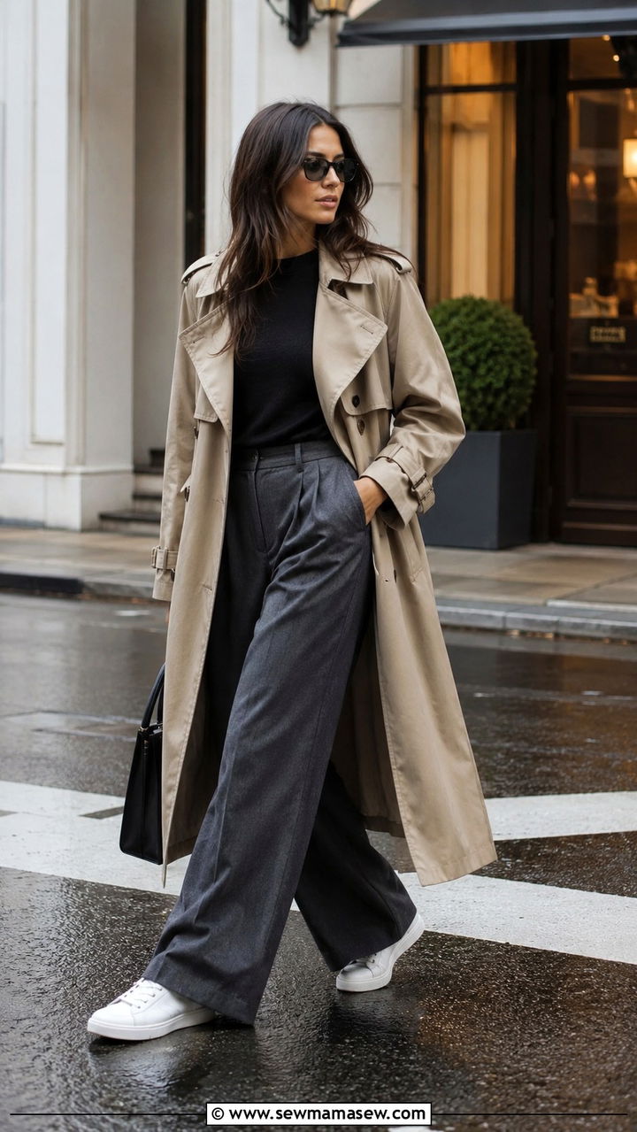 Khaki Trench Coat With Wide Leg Trousers And Sneakers - 30 Khaki trench coat outfit ideas for rain