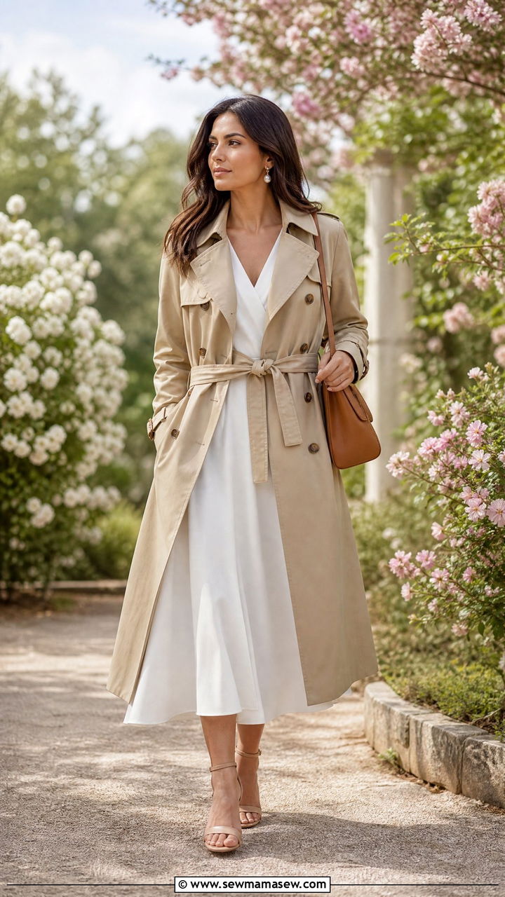 Khaki Trench Coat over White Dress - 25 Khaki and white outfit ideas