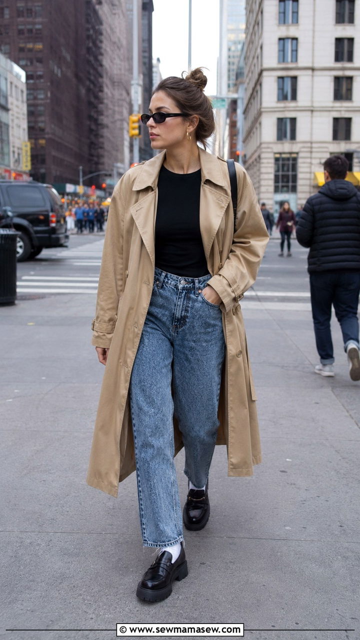 Khaki Trench Coat with Acid Wash Jeans and Platform Loafers - 30 Khaki trench coat outfit ideas with jeans