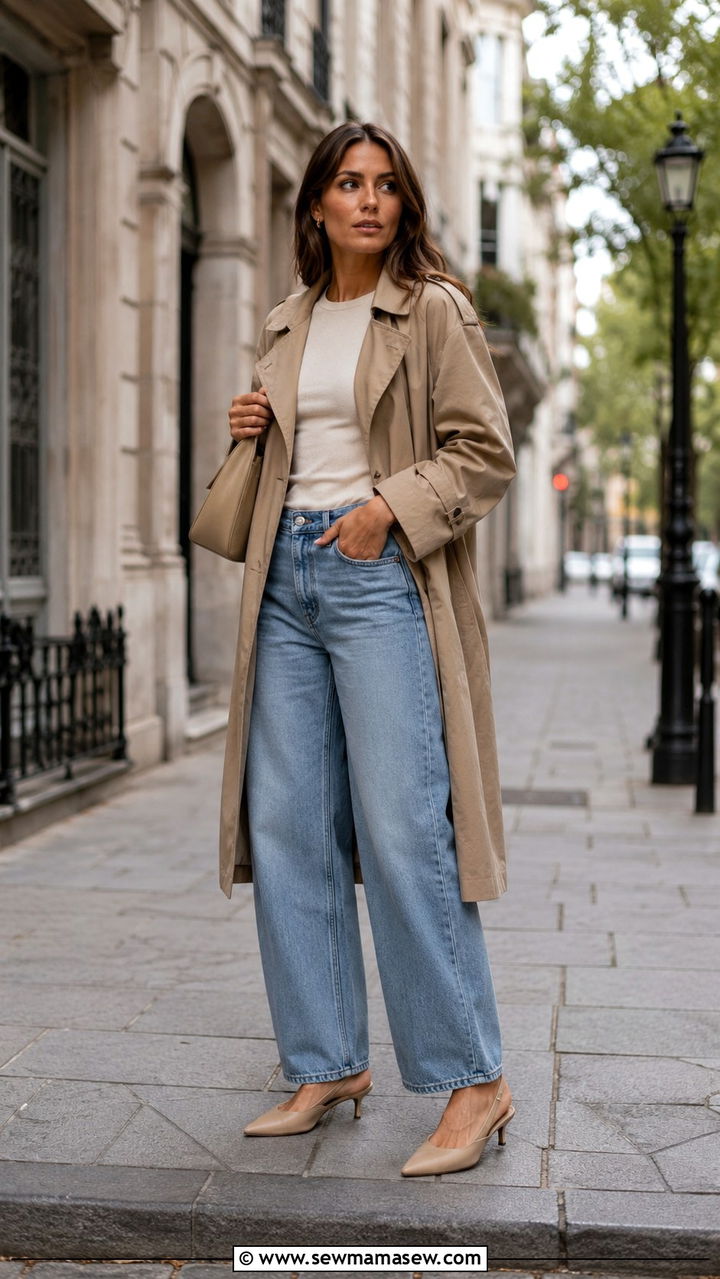 Khaki Trench Coat with Barrel Leg Jeans and Slingback Heels - 30 Khaki trench coat outfit ideas with jeans