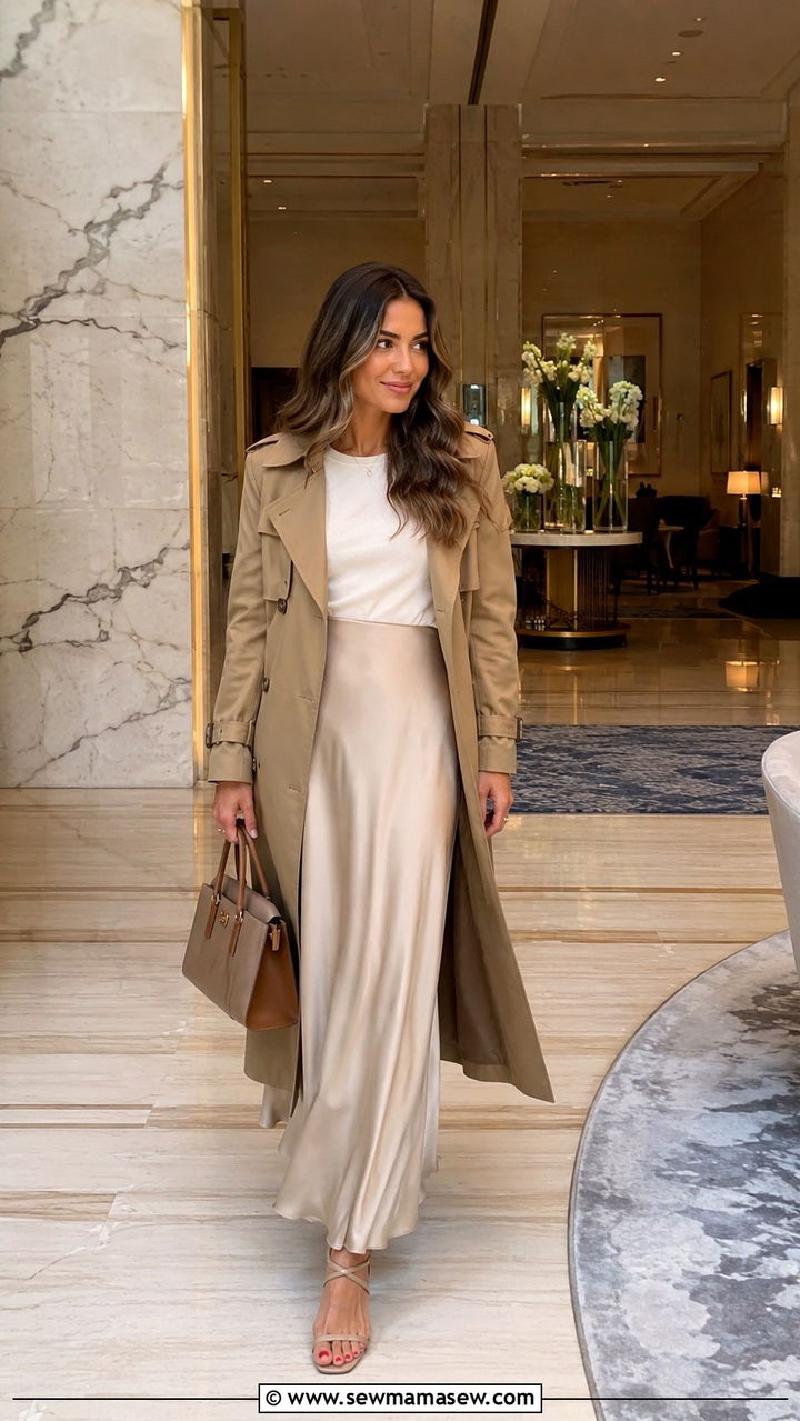Khaki Trench Coat with Beige Tonal Skirt - 30 Khaki trench coat outfit ideas with a skirt