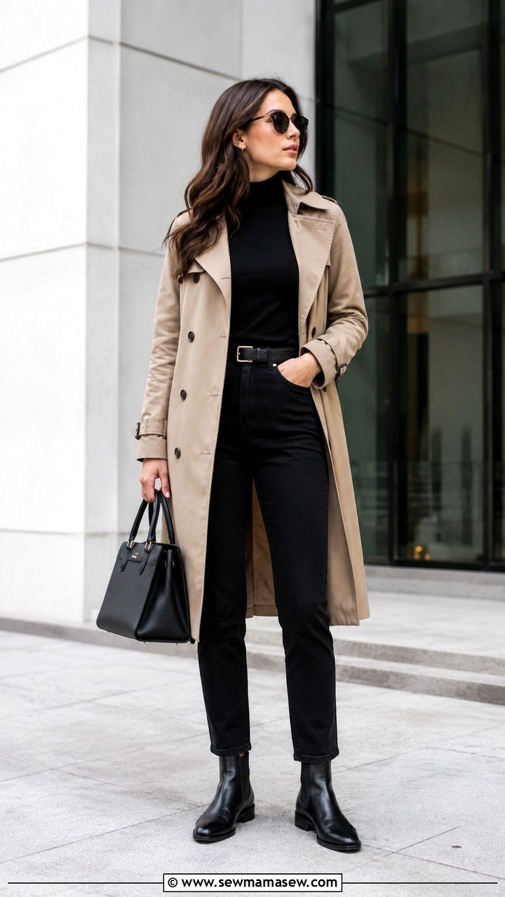 Khaki Trench Coat with Black Jeans and a Turtleneck Sweater - 30 Khaki trench coat outfit ideas with jeans
