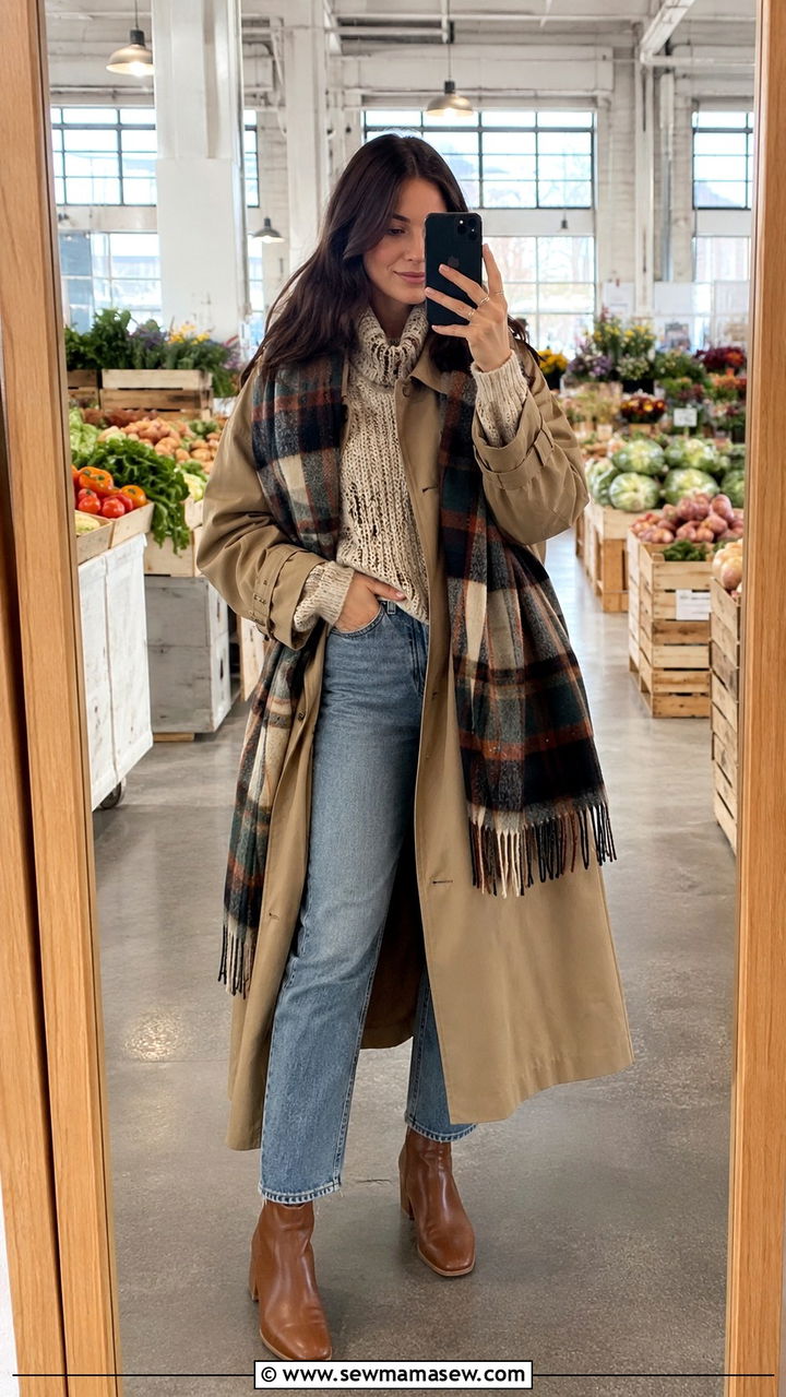 Khaki Trench Coat with Chunky Knit Sweater and Straight Leg Jeans - 30 Long trench coat outfit ideas with a sweater
